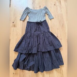 La Vie Rebecca Taylor Off-The-Shoulder Rib Jersey + Poplin Blue Skirt Dress Sz S